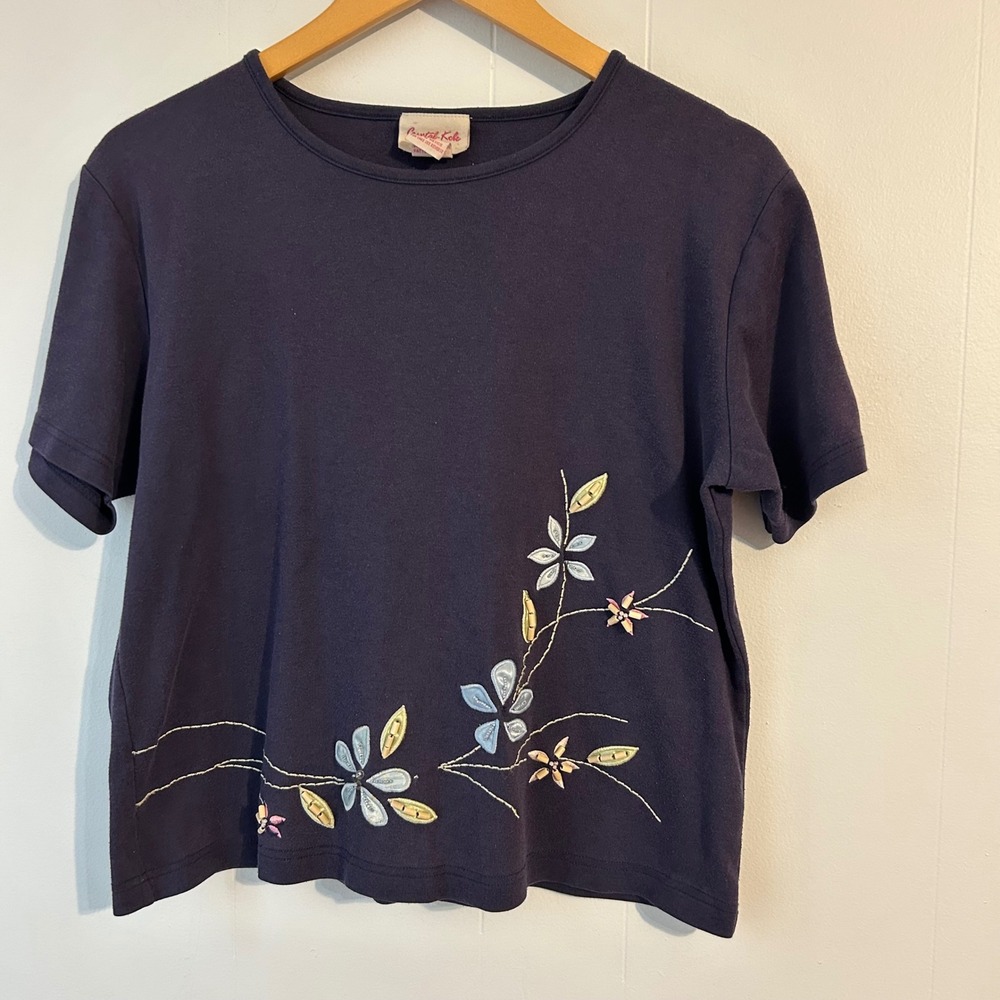 VTG Crystal Kobe Women's Navy Blue‎ Embroidered Floral Short Sleeve Top Size L
